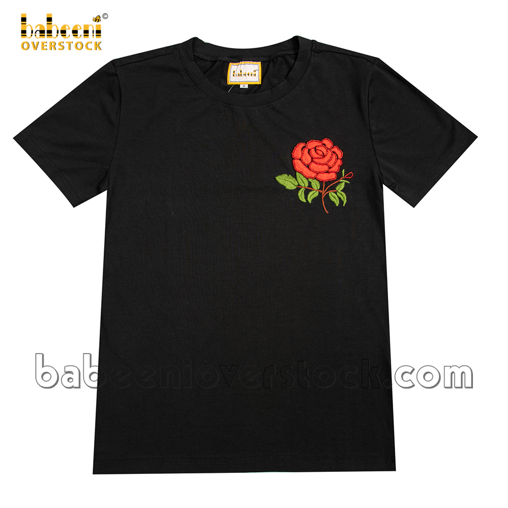 Embroidery rose and leaf women black t-shirt - BB2212